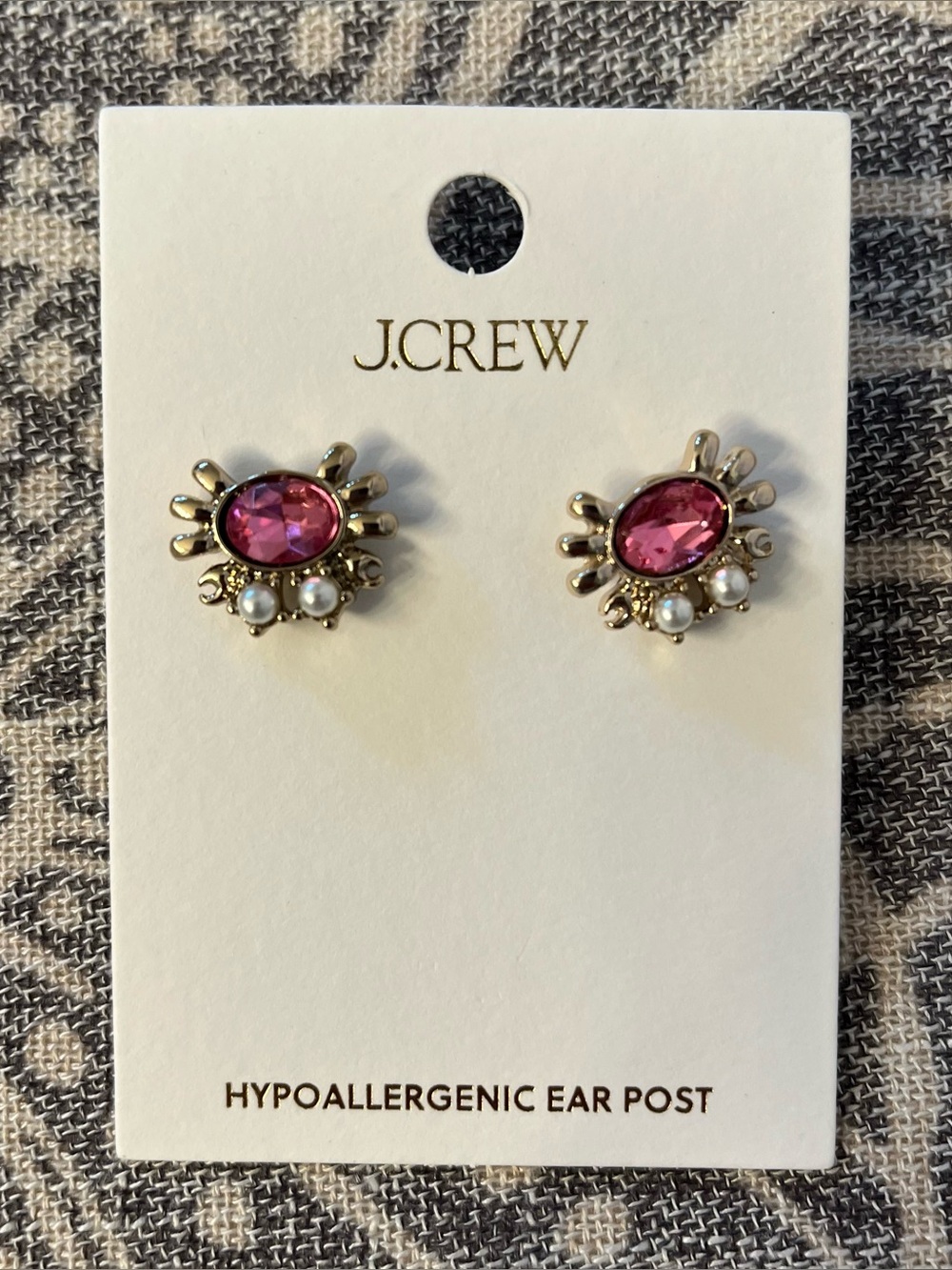 NEW J. Crew Crab shaped Gold-Tone Earrings with Pink Crystal and Pearl Accents